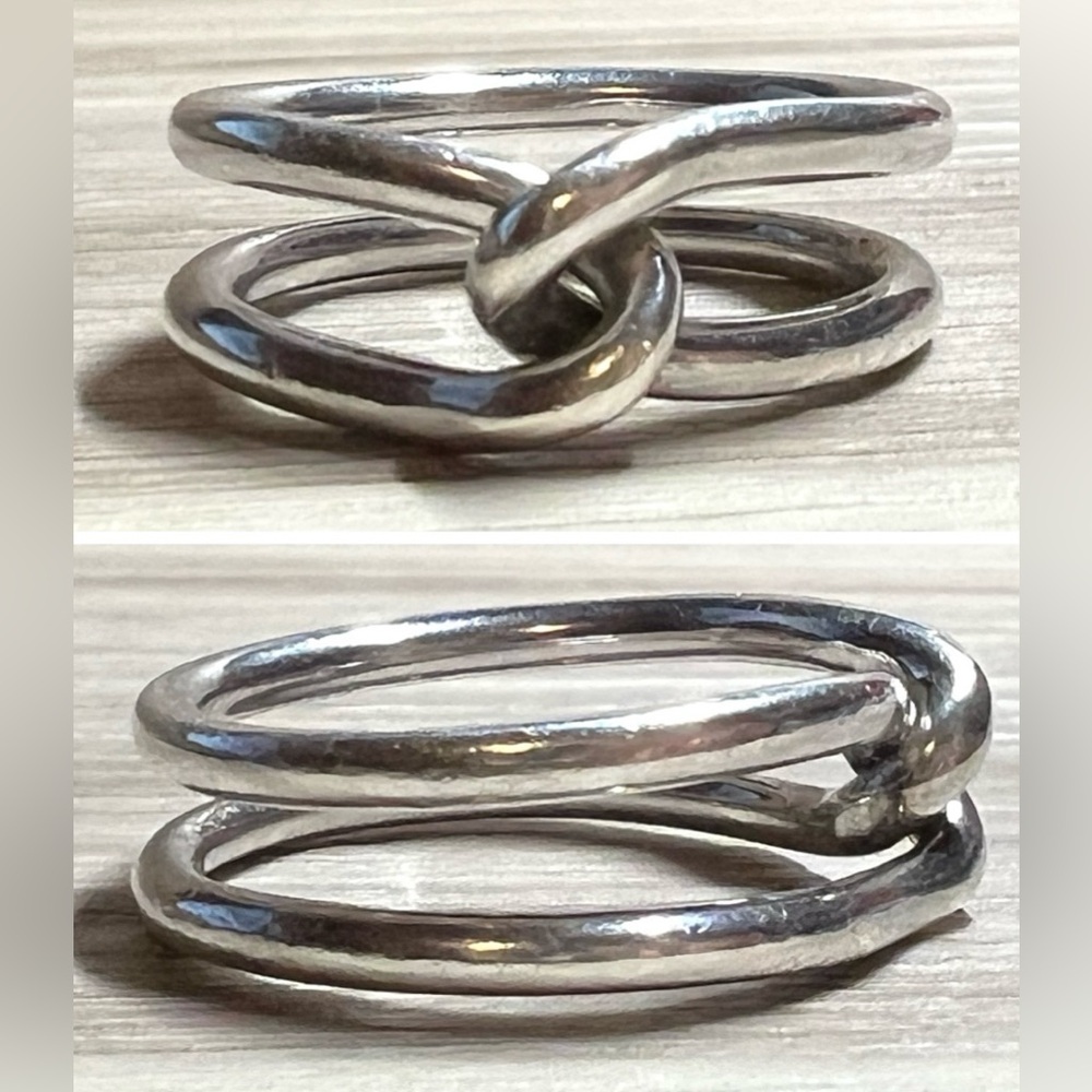 Designer Signed M Sterling Silver Modernist Linked Dual Band Ring, Size 6